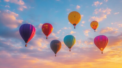 Naklejka premium Balloons Ascending: Sunset Sky with Ethereal Glow 