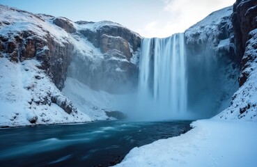 Obraz premium Majestic Skogafoss Waterfall view in winter Iceland. Famous Icelandic natural landmark with blue river against snow covered mountain, rocks. Cold arctic nature scenery, travel destination, vacation