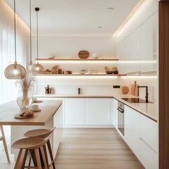 The modern kitchen features white cabinets and warm lighting elements
