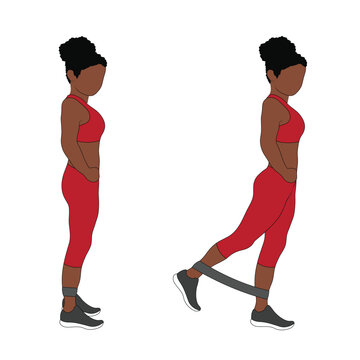A Black African woman in red clothing doing glute kickbacks with a resistance band. Flat vector illustration isolated on white background