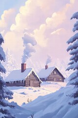 Naklejka premium Log cabins in snowy winter landscape surrounded by pine trees with smoke rising from chimneys, serene countryside scene perfect for holiday and travel themes.