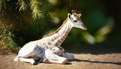 Gentle Giant Baby Giraffe Seeking Refuge under Cool Shade, Capturing the Tranquil Serenity of African Savannah in Warm Afternoon Light.
