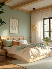 A bedroom with natural light and a calming atmosphere