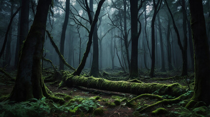 Naklejka premium Mystical Foggy Forest with Lush Moss and Fallen Logs