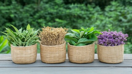 Naklejka premium Fresh Herb Arrangement in Natural Baskets on Wooden Table Outdoors
