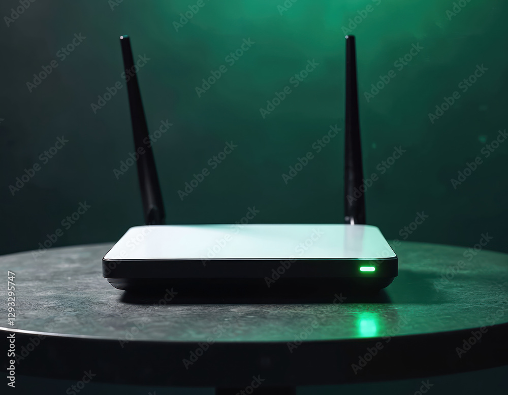 Poster modern wi-fi router on table indoors with space for text, created using generative ai tech. wireless
