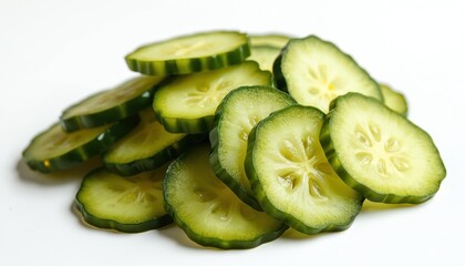 Pile of sliced green pickles isolated on white background. Pickled cucumber rings. Fermented snack, vegetable appetizer. Sour relish dish. Slices with brine, vinegar. Crunchy pickled product, salad