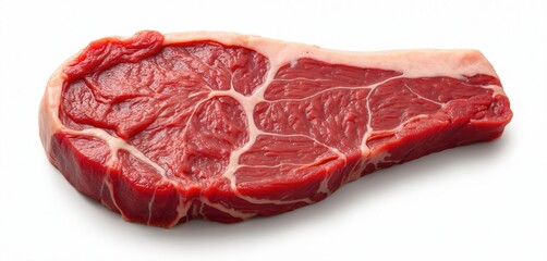 Illustration of fresh raw steak. Red beef meat cut piece isolated on white background. Healthy diet ingredient. Gourmet tasty epicure food portion for dinner meal.