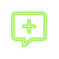 Icon comment plus from the flow of energy of green color. Shimmering neon