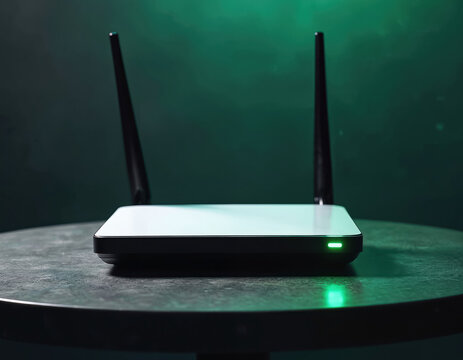 Modern Wi-Fi router on table indoors with space for text, created using generative AI tech. Wireless gateway device for broadband connection, signal receiving with antennae, digital data access at