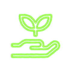 Icon hand holding seedling from the flow of energy of green color. Shimmering neon
