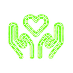 Icon hands heart from the flow of energy of green color. Shimmering neon