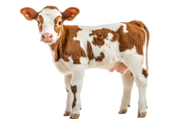 A brown calf stands facing the camera. Isolated on white background.