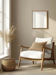 The image shows an armchair in a sunlit room