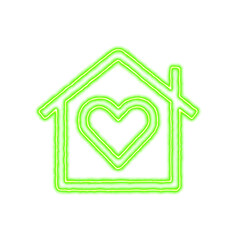 Icon home heart from the flow of energy of green color. Shimmering neon