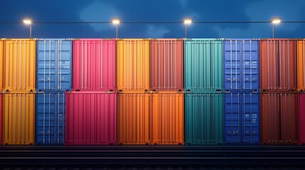A vibrant display of shipping containers in various colors, illuminated at night, showcasing a blend of industrial design and artistic aesthetics.cargo management warehouse scheduling