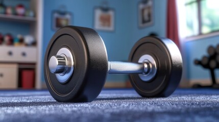 Fototapeta premium Close-Up of a Black Dumbbell on a Blue Carpet in a Home Gym