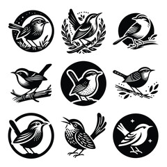Wren bird vector silhouette icon logo set clipart illustration & drawing black & white