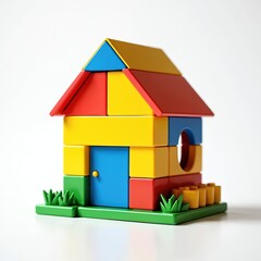 Colorful house made of toy blocks. Plastic construction with vivid red, yellow, blue elements for kids. Educational game stimulates creativity, teaching architecture, construction skills. Home