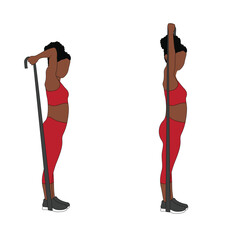 A Black African woman in red clothing doing above head triceps extensions with resistance band. Flat vector illustration isolated on white background