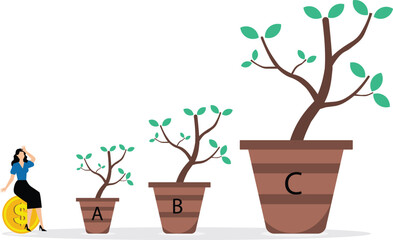 Where to invest idea concept, businesswoman confused to invest right investment of his money