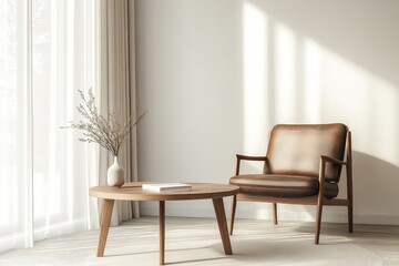 A modern mid-century minimalist living room featuring a brown leather armchair, a sleek wooden coffee table, and a neutral color palette with soft natural lighting.