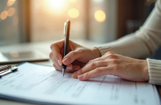 Woman completes criminal background check application using pen. Document filling on desk. Concept recruitment process, compliance, verification, employment, record keeping, HR onboarding. Paperwork
