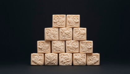 Stacked floral soap bars on a dark background
