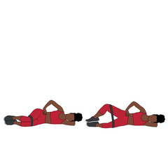 A Black African woman in red clothing doing banded clamshells exercise. Flat vector illustration isolated on white background