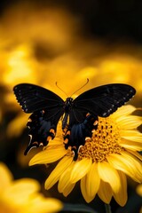 Black Butterfly on Yellow Sunflower in Golden Field