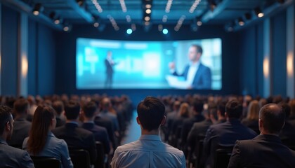 Back view of audience in conference hall at seminar meeting with screen showing video presentation. Corporate company workers, employees, staff training. Business education concept with teamwork.