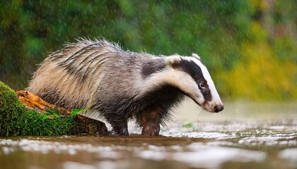 Majestic Badger Dipping in a CrystalClear European Lake at Sunset, Germany Capturing the Serene Wilderness of Old World Europe