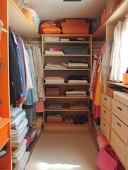 A tidy walkin closet with organized clothes and clothes