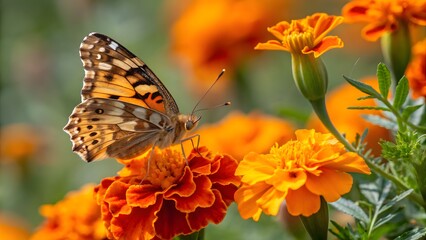 Obraz premium Painted Lady Butterfly on Vibrant Orange Marigolds in a Summer Garden