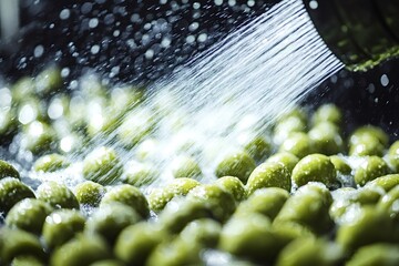 Water spraying on a large quantity of green olives during the washing stage in a food processing plant, ensuring hygiene and quality control for olive oil production or packaging