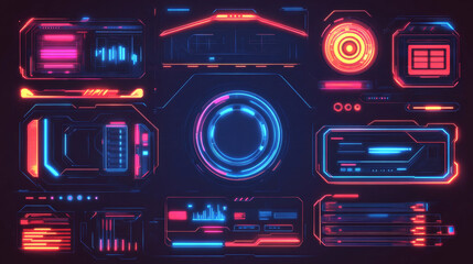 Neon avatar frames, futuristic glowing ski-fi borders, space hud round technology isolated tech portals for game, ui graphic design elements for virtual reality, gamer panel or dashboard, Vector set