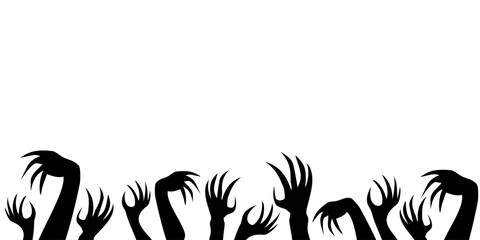 Dark silhouette of zombie hands rising from the grave, symbolizing fear, mystery, and Halloween horror.