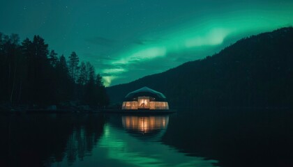 Obraz premium Lakeside Dome Home Under Northern Lights