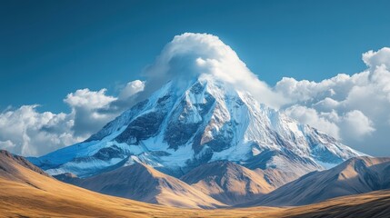 A majestic snow-capped mountain range under a sapphire sky, crowned by dramatic clouds. Sparkling ice glistens amidst towering peaks, evoking awe and serenity