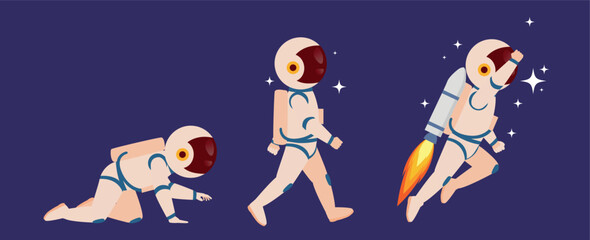 The concept of evolution and progress. The astronaut crawls goes and flies. Image of progression