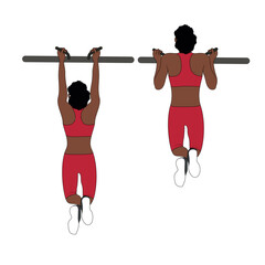 A Black African woman in red clothing doing pull ups exercise using gym equipment. Flat vector illustration isolated on white background