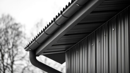Fototapeta premium Close-up of modern building's rain gutter system and corrugated metal siding.