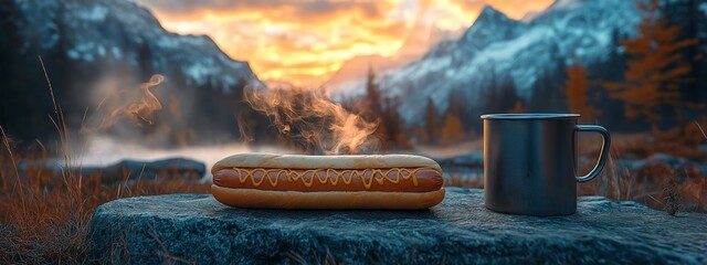 Hot dog dinner of a tourist with mountains in the background