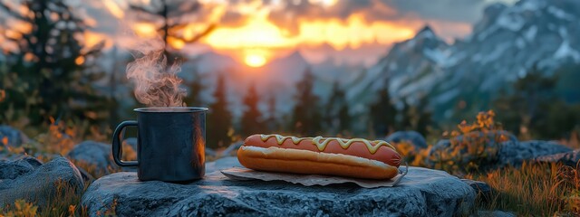 Hot dog dinner of a tourist with mountains in the background