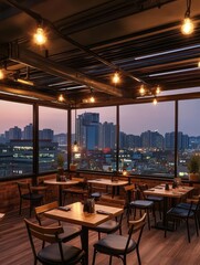 The warm evening restaurant has a beautiful urban view