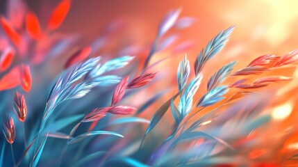 Vibrant Abstract Grass Landscape with Blue and Red Hues at Sunset