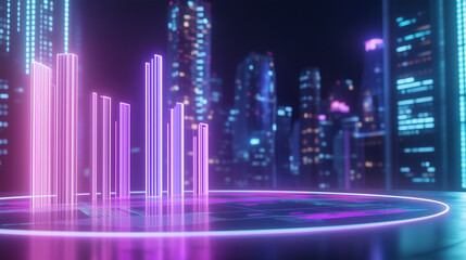 Futuristic Financial Growth Infographic with Rising Bar Graphs on Holographic Business Dashboard