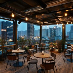 Obraz premium Open air restaurant with amazing views of city lights