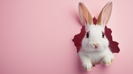 Obraz premium Adorable Easter Bunny Peeking Through a Paper Hole on a Pink Background, Cute Spring Holiday Concept with Copy Space
