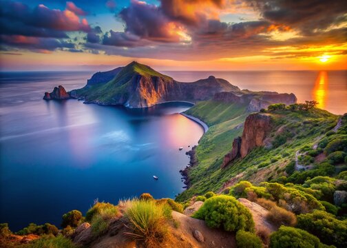 Salina Eolian Island: Panoramic Pollara View from Porri Mountain at Sunrise